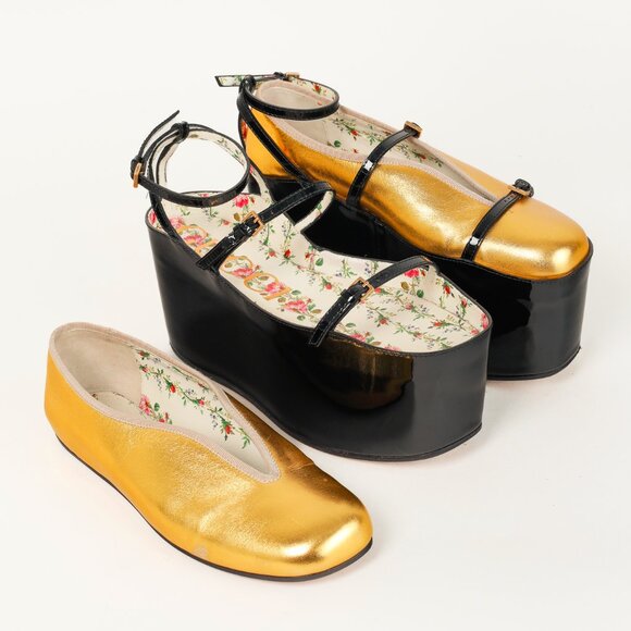 Gucci Gold & Black Patent Leather Hannelore Detachable Platform Flat - Picture 6 of 13